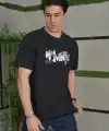 Erkek Kısa Kol Yazlık Tişört Bisiklet Yaka Baskılı Oversize T-Shirt - Siyah