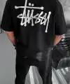 Erkek Kısa Kol Yazlık Tişört Bisiklet Yaka Baskılı Oversize T-Shirt - Siyah