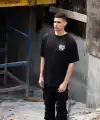 Erkek Kısa Kol Yazlık Tişört Bisiklet Yaka Baskılı Oversize T-Shirt - Siyah