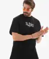 Erkek Kısa Kol Yazlık Tişört Bisiklet Yaka Baskılı Oversize T-Shirt - Siyah