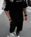 Erkek Kısa Kol Yazlık Tişört Bisiklet Yaka Baskılı Oversize T-Shirt - Siyah