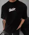 Erkek Kısa Kol Yazlık Tişört Bisiklet Yaka Baskılı Oversize T-Shirt - Siyah