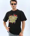 Erkek Kısa Kol Yazlık Tişört Bisiklet Yaka Baskılı Oversize T-Shirt - Siyah