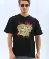 Erkek Kısa Kol Yazlık Tişört Bisiklet Yaka Baskılı Oversize T-Shirt - Siyah
