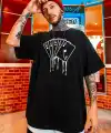 Erkek Kısa Kol Yazlık Tişört Bisiklet Yaka KART Baskılı T-Shirt - Siyah