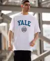 Erkek Kısa Kol Yazlık Tişört Bisiklet Yaka YALE Baskılı  T-Shirt - Beyaz
