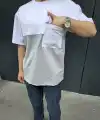 Erkek Kısa Kol Yazlık Tişört Torba Cepli Parçalı T-Shirt - Gri
