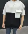 Erkek Kısa Kol Yazlık Tişört Torba Cepli Parçalı T-Shirt - Siyah