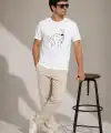 Erkek Köpek Figürlü Minimal Baskılı Tişört Kısa Kol Yazlık T-Shirt - Beyaz