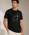 Erkek Köpek Figürlü Minimal Baskılı Tişört Kısa Kol Yazlık T-Shirt - Siyah