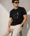 Erkek Köpek Figürlü Minimal Baskılı Tişört Kısa Kol Yazlık T-Shirt - Siyah