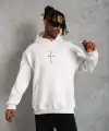 Erkek Kordonlu Arka Maske Kordon Saçlı Kapüşonlu sweatshirt hoodie - Beyaz