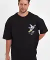 Erkek Melek Baskılı Oversize T-shirt - Siyah