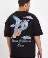 Erkek Melek Baskılı Oversize T-shirt - Siyah