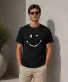 Erkek Minimal Gülümseyen Yüz Baskılı Tişört Kısa Kol Yazlık T-Shirt - Siyah