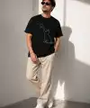 Erkek Minimal Kedi Çizim Baskılı Tişört Kısa Kol Yazlık T-Shirt - Siyah