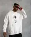 Erkek Nihilist Penguen Baskılı 3 İplik Pamuklu Kapüşonlu Sweatshirt Hoodie Beyaz