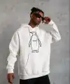 Erkek Nihilist Penguen Baskılı 3 İplik Pamuklu Kapüşonlu Sweatshirt Hoodie Beyaz