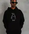 Erkek Nihilist Penguen Baskılı 3 İplik Pamuklu Kapüşonlu Sweatshirt Hoodie Siyah