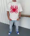 Erkek Örümcek Baskılı Tişört Kısa Kollu Bisiklet Yaka T-Shirt - Beyaz