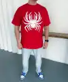 Erkek Örümcek Baskılı Tişört Kısa Kollu Bisiklet Yaka T-Shirt - Kırmızı