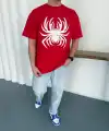 Erkek Örümcek Baskılı Tişört Kısa Kollu Bisiklet Yaka T-Shirt - Kırmızı