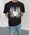 Erkek Örümcek Baskılı Tişört Kısa Kollu Bisiklet Yaka T-Shirt - Siyah