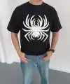 Erkek Örümcek Baskılı Tişört Kısa Kollu Bisiklet Yaka T-Shirt - Siyah