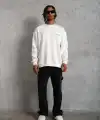 Erkek Oversize Sweatshirt Ön ve Sırt Baskılı 3 İplik Pamuklu - Beyaz