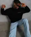Erkek Oversize Sweatshirt Ön ve Sırt Baskılı 3 İplik Pamuklu - Siyah