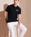 Erkek Polo Yaka Tişört Düğmeli Pike Baskılı T-Shirt - Siyah