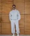 Erkek Premium Parçalı Eşofman Takım - Dik Yaka Fermuarlı Biyeli Sweatshirt Lastik Paça Alt, Oversize 3 iplik Şardonlu - Gri