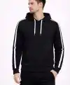 Erkek Şeritli Kapüşonlu Sweatshirt Oversize 3 iplik Pamuklu Hoodei - Siyah