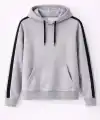 Erkek Şeritli Kapüşonlu Sweatshirt Oversize 3 iplik Pamuklu Hoodie - Gri