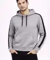 Erkek Şeritli Kapüşonlu Sweatshirt Oversize 3 iplik Pamuklu Hoodie - Gri