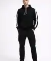 Erkek Şeritli Kapüşonlu Sweatshirt Oversize 3 iplik Pamuklu Hoodie - Siyah