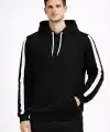 Erkek Şeritli Kapüşonlu Sweatshirt Oversize 3 iplik Pamuklu Hoodie - Siyah