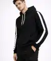 Erkek Şeritli Kapüşonlu Sweatshirt Oversize 3 iplik Pamuklu Hoodie - Siyah
