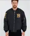 Erkek Siyah Bomber Kolej Mont – B Harfi ve Kemik Baskılı, Su İtici Kumaş, Kapitone Astarlı Fermuarlı Ceket - Siyah