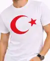 Erkek T-Shirt Kısa Kol Bisiklet Yaka Ay Yıldız Bayrak Baskılı Tişört - Beyaz