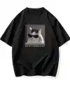 Erkek T-Shirt Komik Kedi Baskılı kısa kol Tişört - Siyah