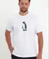 Erkek T-Shirt Penguen Baskılı Bisiklet Yaka Kısa kol yazlık Tişört - Beyaz