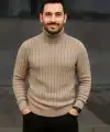 Erkek Tam Boğazlı Balıkçı Yaka Triko Kazak Kalın Fitilli - Bej