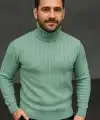 Erkek Tam Boğazlı Balıkçı Yaka Triko Kazak Kalın Fitilli - Mint Yeşili