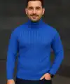 Erkek Tam Boğazlı Balıkçı Yaka Triko Kazak Kalın Fitilli - Saks Mavisi