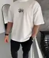 Erkek Tişört Bisiklet Yaka Baskılı Oversize Kısa kol T-Shirt - Beyaz