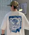 Erkek Tişört Bisiklet Yaka Kore sevimli ayı baskı Kısa Kol T-Shirt  - Beyaz
