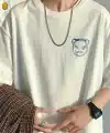 Erkek Tişört Bisiklet Yaka Kore sevimli ayı baskı Kısa Kol T-Shirt  - Beyaz
