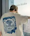 Erkek Tişört Bisiklet Yaka Kore sevimli ayı baskı Kısa Kol T-Shirt  - Beyaz