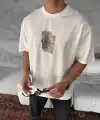 ERKEK Tişört Kısa kol Ön ve Arka Baskılı Oversize Bisiklet Yaka T-Shirt - Beyaz